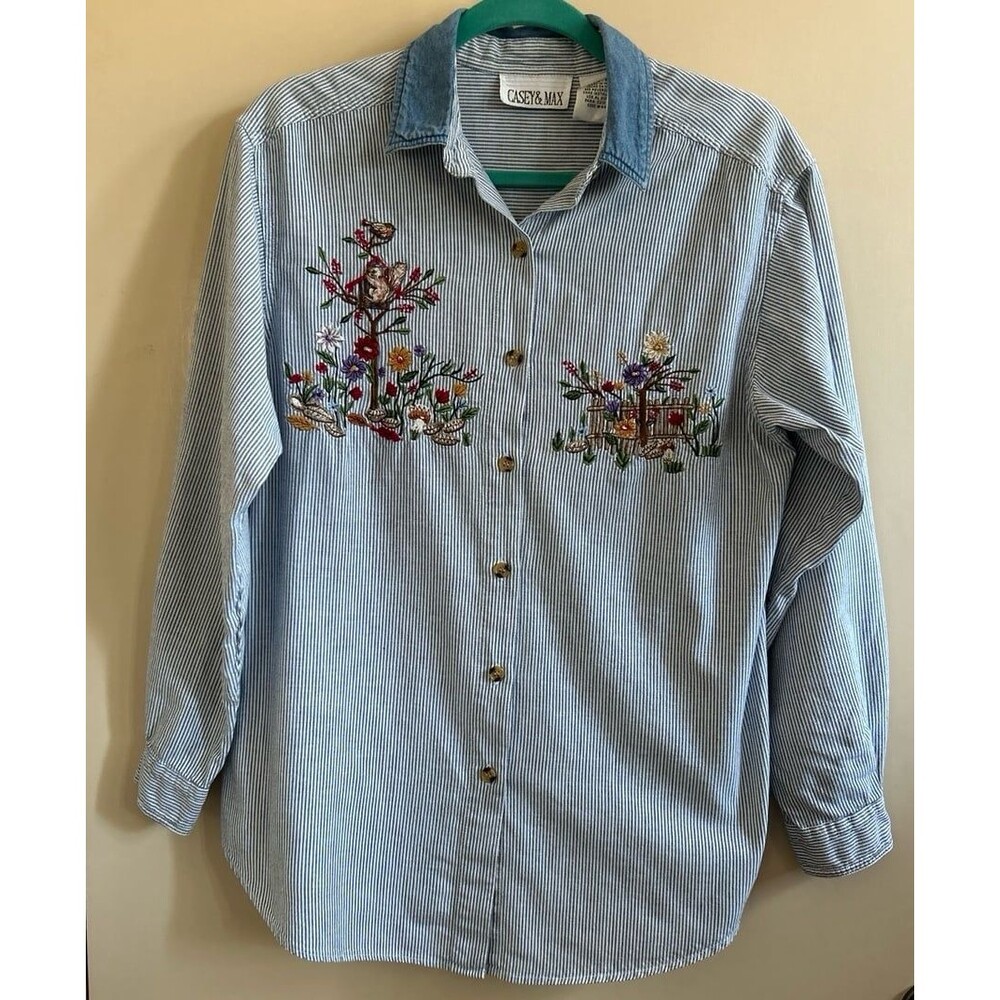 Casey & Max Women’s Medium Long Sleeve Blouse Vintage Embroidered Stripe Shirt